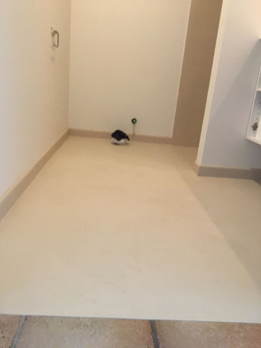 Renoveret badeværelsesgulv med ensartet silkecement – resultat af professionelt murerarbejde i Ølgod i Vestjylland.